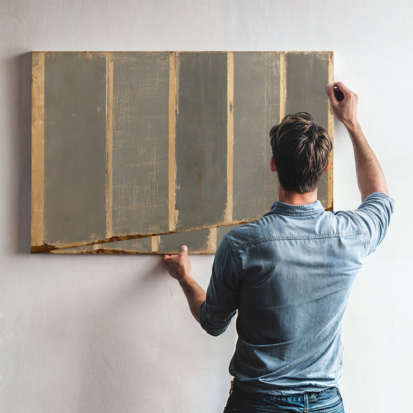 Gray Striped Weathered Abstract Panel Painting by Bella Frye