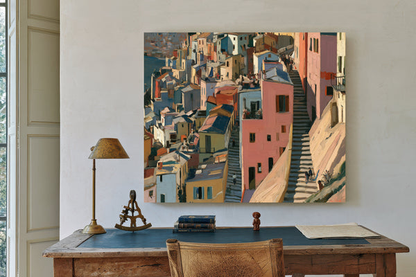 Hillside Village Stairway Warm Afternoon Light by Bella Frye