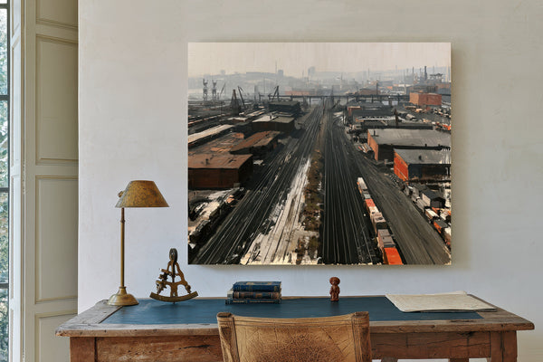 Industrial Rail Yard Aerial Hazy Morning by Bella Frye