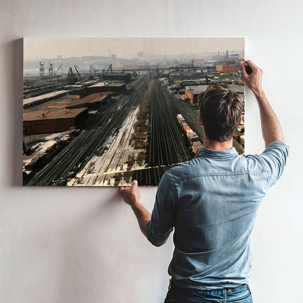 Industrial Rail Yard Aerial Hazy Morning by Bella Frye