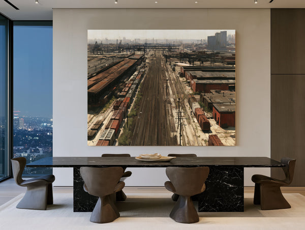Industrial Rail Yard Hazy Afternoon View by Bella Frye