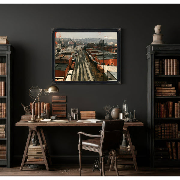 Industrial Rail Yard Overcast Urban Scene by Bella Frye
