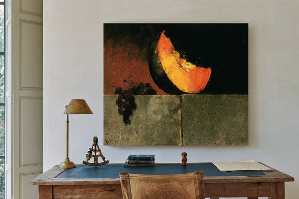 Melon Slice And Grapes On Stone Ledge by Bella Frye