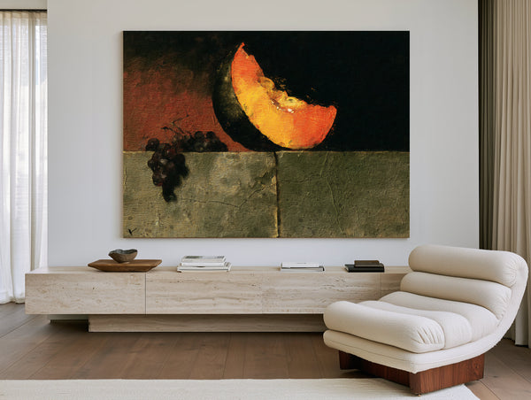 Melon Slice And Grapes On Stone Ledge by Bella Frye