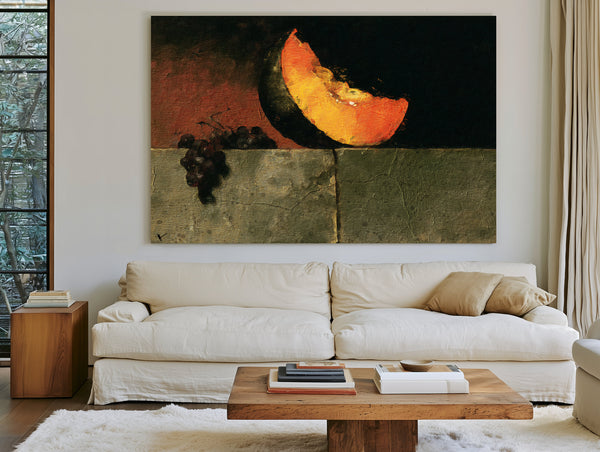 Melon Slice And Grapes On Stone Ledge by Bella Frye