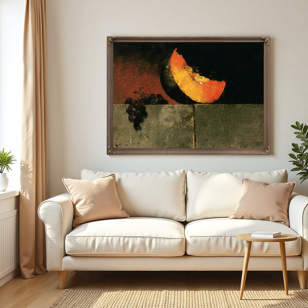 Melon Slice And Grapes On Stone Ledge by Bella Frye