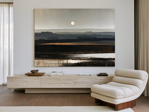 Misty Farmland Under A Low Winter Moon by Bella Frye