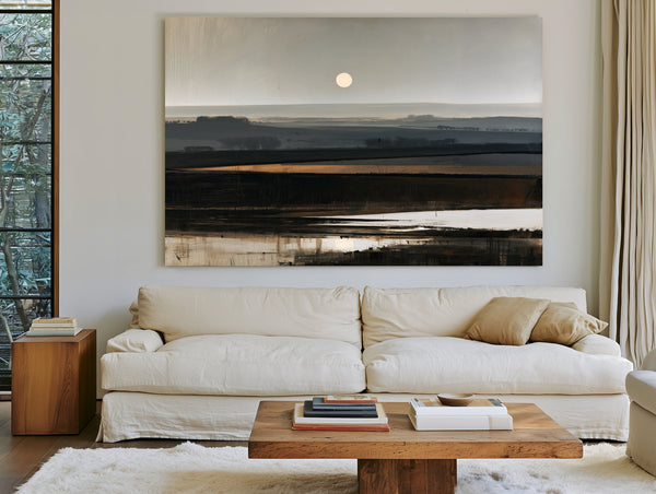 Misty Farmland Under A Low Winter Moon by Bella Frye