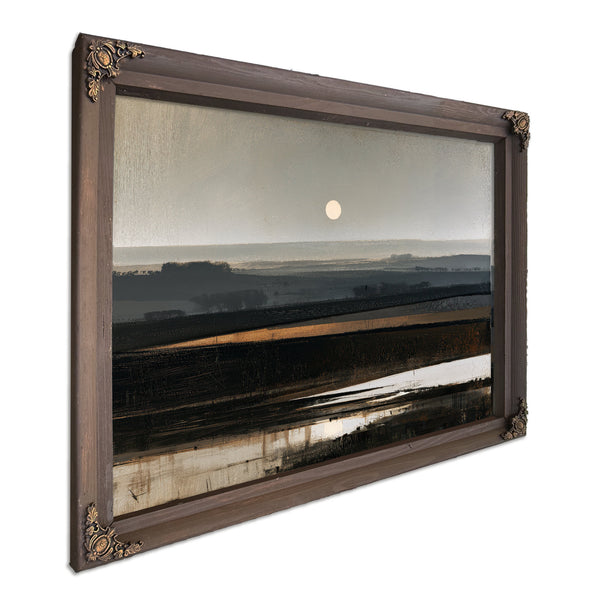 Misty Farmland Under A Low Winter Moon by Bella Frye