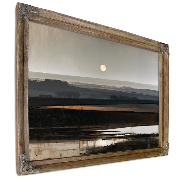 Misty Farmland Under A Low Winter Moon by Bella Frye