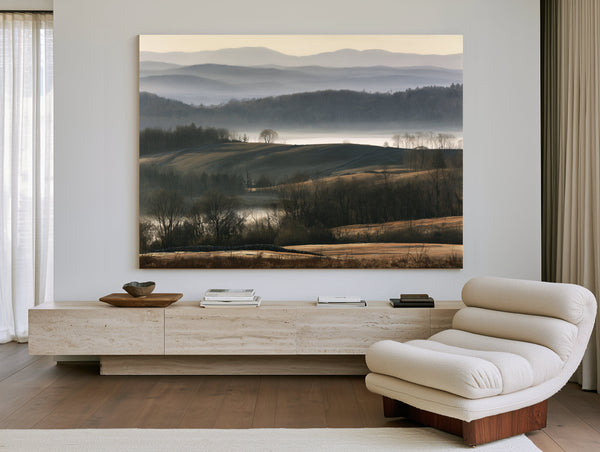 Misty Rolling Hills And Bare Winter Trees by Bella Frye