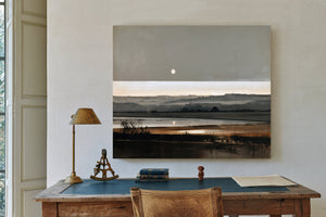 Moonrise Over Misty Marshland At Dusk by Bella Frye