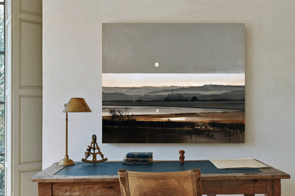 Moonrise Over Misty Marshland At Dusk by Bella Frye