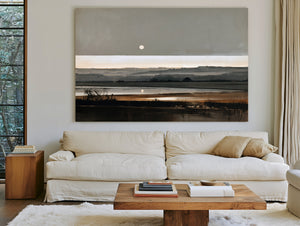 Moonrise Over Misty Marshland At Dusk by Bella Frye