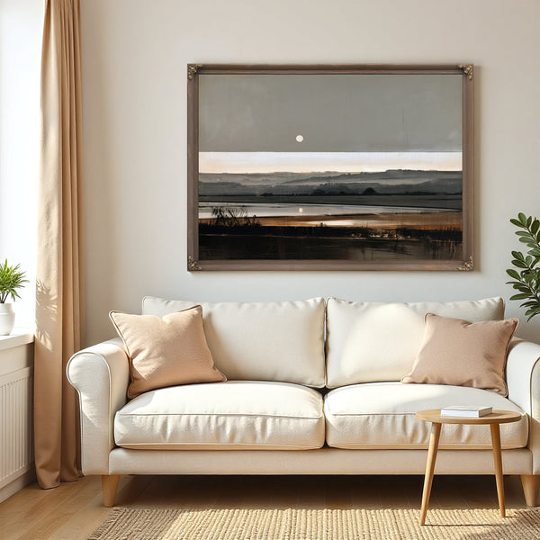 Moonrise Over Misty Marshland At Dusk by Bella Frye