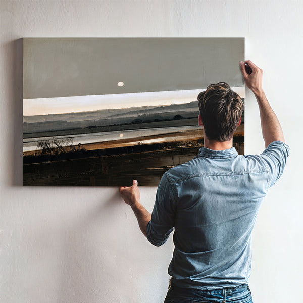 Moonrise Over Misty Marshland At Dusk by Bella Frye