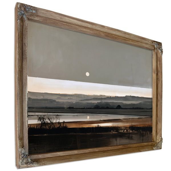 Moonrise Over Misty Marshland At Dusk by Bella Frye