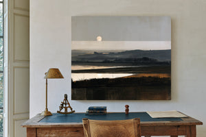 Moonrise Over Misty Marshland At Dusk by Bella Frye