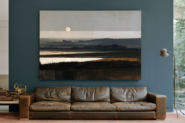 Moonrise Over Misty Marshland At Dusk by Bella Frye