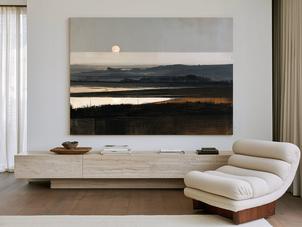 Moonrise Over Misty Marshland At Dusk by Bella Frye