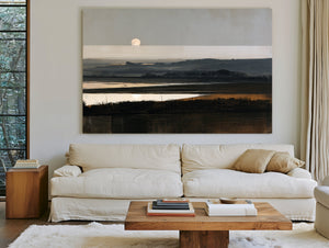 Moonrise Over Misty Marshland At Dusk by Bella Frye