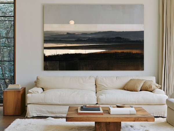 Moonrise Over Misty Marshland At Dusk by Bella Frye