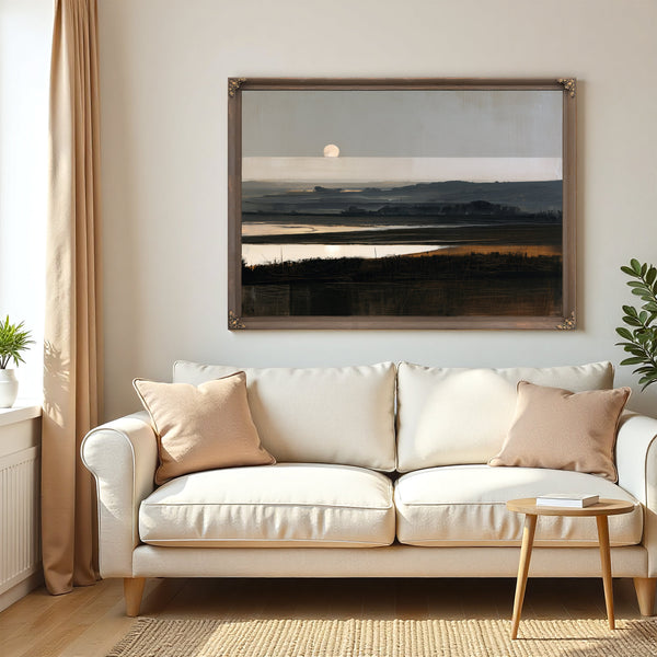 Moonrise Over Misty Marshland At Dusk by Bella Frye