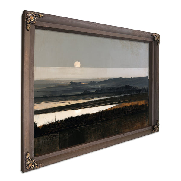 Moonrise Over Misty Marshland At Dusk by Bella Frye
