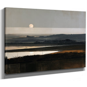 Moonrise Over Misty Marshland At Dusk by Bella Frye