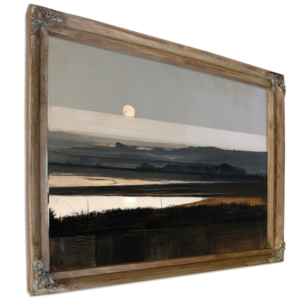 Moonrise Over Misty Marshland At Dusk by Bella Frye