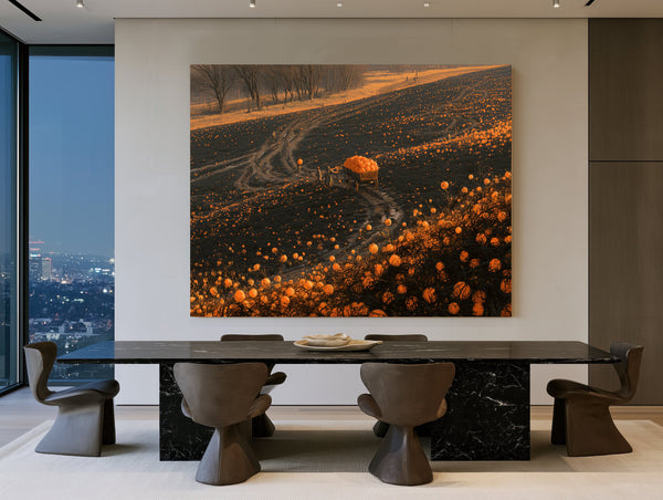 Pumpkin Harvest Field At Dusk Workers by Bella Frye