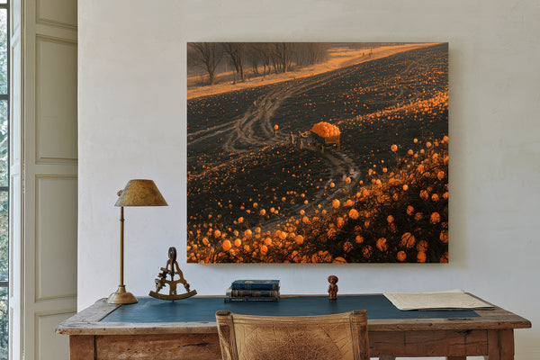 Pumpkin Harvest Field At Dusk Workers by Bella Frye
