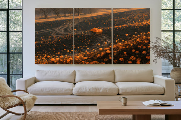 Pumpkin Harvest Field At Dusk Workers by Bella Frye