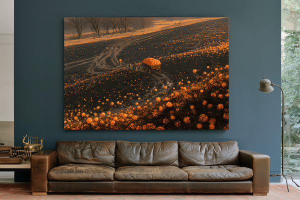 Pumpkin Harvest Field At Dusk Workers by Bella Frye