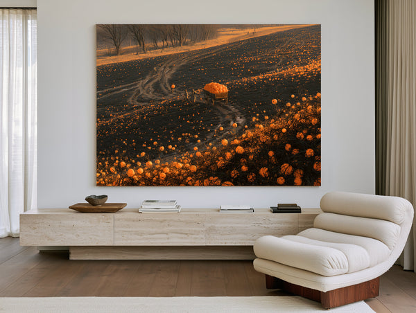 Pumpkin Harvest Field At Dusk Workers by Bella Frye