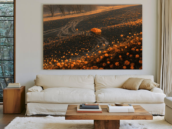 Pumpkin Harvest Field At Dusk Workers by Bella Frye
