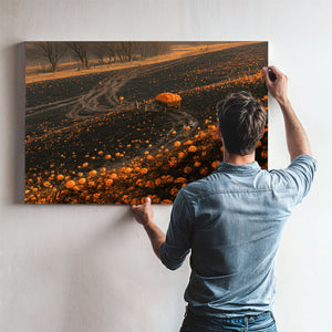 Pumpkin Harvest Field At Dusk Workers by Bella Frye