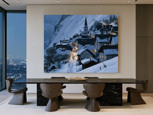 Snowy Alpine Village At Blue Twilight by Bella Frye