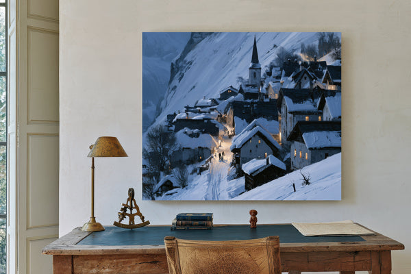 Snowy Alpine Village At Blue Twilight by Bella Frye