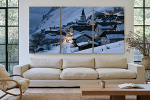 Snowy Alpine Village At Blue Twilight by Bella Frye