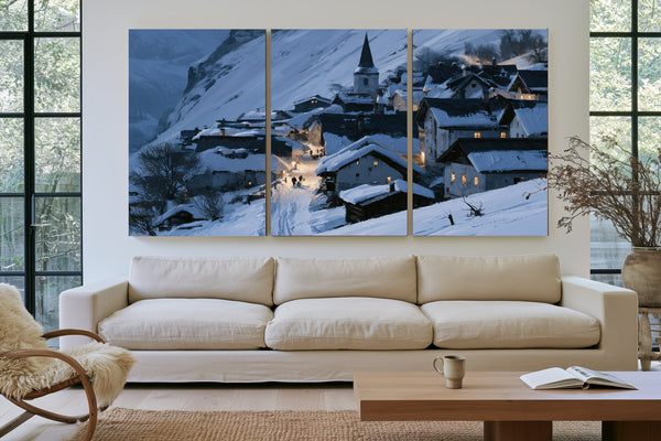 Snowy Alpine Village At Blue Twilight by Bella Frye