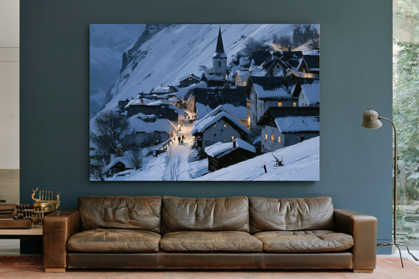 Snowy Alpine Village At Blue Twilight by Bella Frye