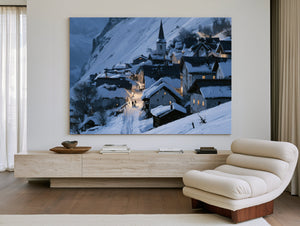 Snowy Alpine Village At Blue Twilight by Bella Frye