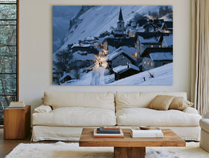 Snowy Alpine Village At Blue Twilight by Bella Frye