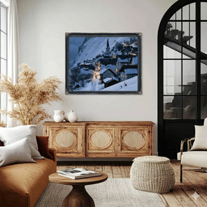 Snowy Alpine Village At Blue Twilight by Bella Frye