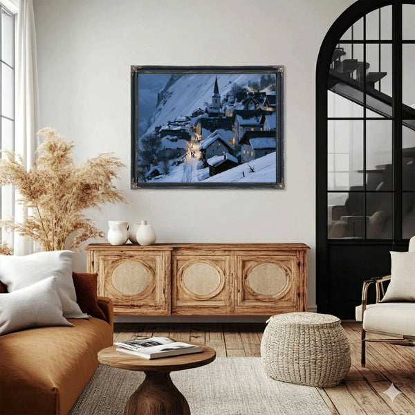 Snowy Alpine Village At Blue Twilight by Bella Frye
