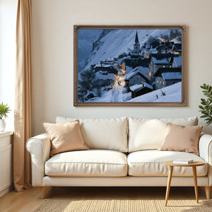 Snowy Alpine Village At Blue Twilight by Bella Frye