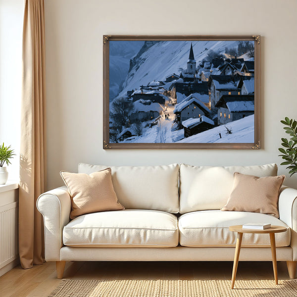 Snowy Alpine Village At Blue Twilight by Bella Frye