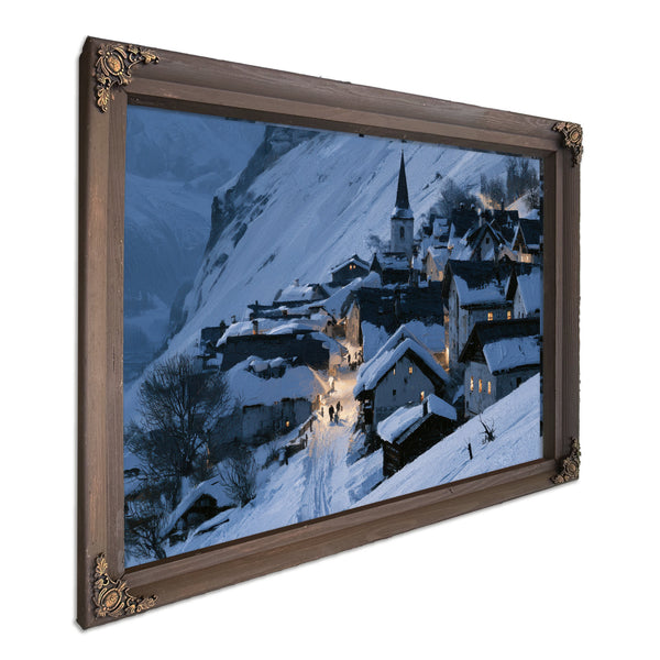 Snowy Alpine Village At Blue Twilight by Bella Frye