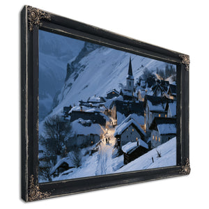 Snowy Alpine Village At Blue Twilight by Bella Frye